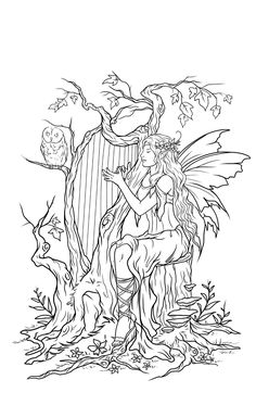 a fairy sitting on top of a tree next to an owl and a harpstick