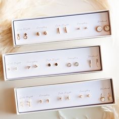 Get into the spirit of the season with our darling Boxed Stud Sets! Each set is curated with five adorable combos of dainty studs to fit every occasion! Wear alone as a delicate touch or mix & match multiple pairs to layer up the fun! Our sets will make the perfect stylish gift & the perfect accessories for yourself! Jewellery Package Ideas, Earring Packaging Ideas, Workwear Jewellery, Jewellery Organisation, Earrings Combo, Jewellery Business, Earrings Sets, Earring Sets, Packing Jewelry