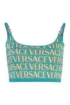 5V540 VERSACE JACQUARD KNIT TOP Versace Clothes, Versace Pattern, Versace Top, Baguette Bags, Leather Cap, Jacquard Knit, Cotton Viscose, Knit Crop Top, Beach Tote Bags