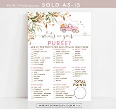 a printable wedding game with the words, what is in your purse? on it