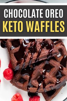 chocolate oreo keto waffles on a white plate with raspberries