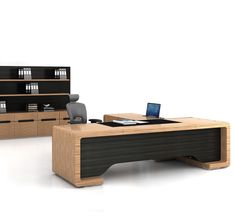 an office desk with two chairs and a laptop on it, in front of a bookcase