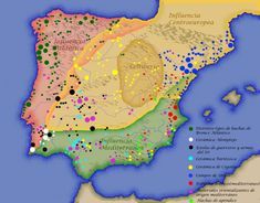 a map of spain with all the major cities and towns labeled in different color dots