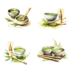 four different bowls and spoons filled with green liquid next to bamboo sticks on a white background