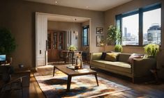 a living room filled with furniture next to large windows on top of a wooden floor