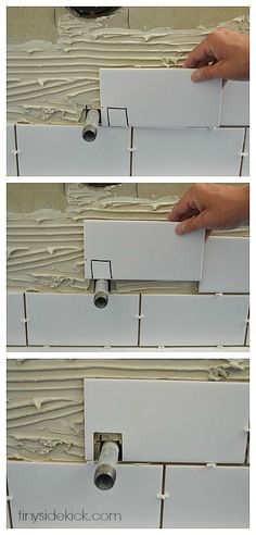 two pictures showing how to install a tile backsplash