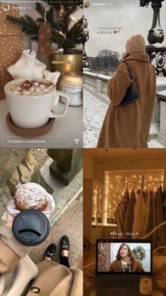 a collage of photos showing different things in the room and on the wall, including a woman's coat