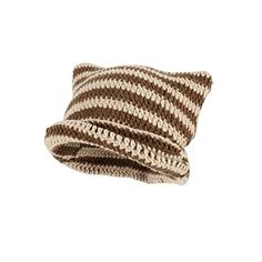 a brown and white striped knitted pillow