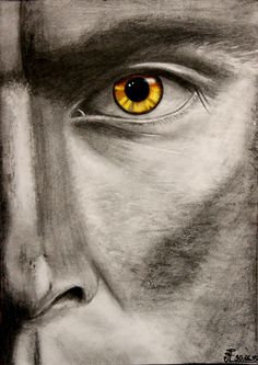 a drawing of a man's face with an orange eye