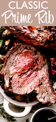 the classic prime rib roast is ready to be cooked in the oven and served on a platter