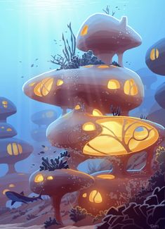 an underwater scene with glowing mushrooms and corals