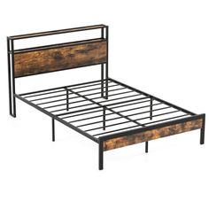 a metal bed frame with wooden headboard and foot board on the bottom, against a white background