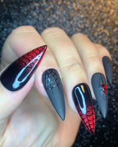 Red and Black Halloween Press on Nails/ Reusable Fake Nails/ Handmade Spider Web Press on Nails/ Spooky Nails/ Unique Halloween Nails Model: Medium stiletto Please read full description below. This set features: Thumb, middle - black and reflective flitter red ombre with handpainted black spider nails Index, pinky - matte black nails with handpainted glossy black spider webs Ring - bling red spider Glossy and matte finish I offer handcrafted press on nails made with quality gel polish. This set Morticia Nail Art, Pointy Halloween Nails Design, Women Nails Designs, Spooky Nails Stiletto, Black Nail Halloween Designs, Oval Nails Designs Halloween, Halloween Horror Nights Nails, Simple October Nail Designs, Spider On Nail Design