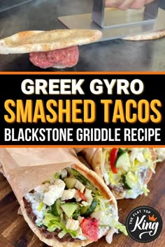 greek gyro smashed tacos on a cutting board with the title text overlay