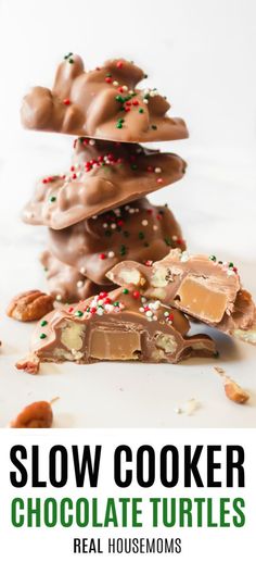 a stack of chocolate turtles with sprinkles on top and the words slow cooker chocolate turtles