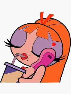 a cartoon girl brushing her teeth with a pink toothbrush and an orange hair comb