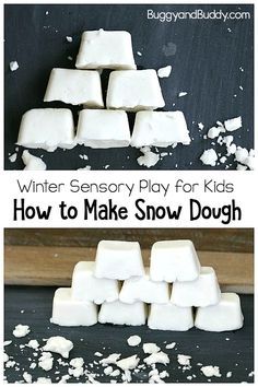 how to make snow dough for winter play with white marshmallows and text overlay