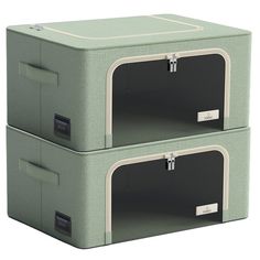 two green storage boxes with handles on each side