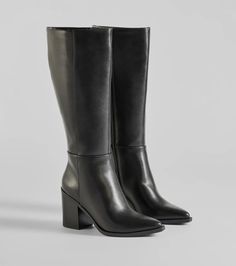 Strut in these fashionable faux leather boots for insta-worthy looks all season! They boast a sleek pointed toe and block heel, an inner zipper closure to secure the style, and the perfect under-the-knee length shaft for styling with short dresses, skirts, or midis. Complete the look with a chic tote bag.Fit & Features3" Block heel, 7.5" leg opening, 14" shaft heightFaux leather materialPointed toeInner zipper closureUnder-the-knee length shaftRuns true to size Under The Knee Boots Outfits, Black Boots With Skirt, Fall Black Boots, Tights With Heels, Orange Homecoming Dresses, Outfit Collages, Homecoming Shoes, Purple Homecoming Dress, Backless Dress Short