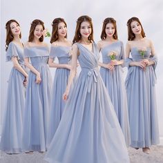 the bridesmaids are wearing different styles of dresses