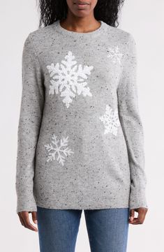 Ring in the holiday season wearing this cozy flecked sweater that features a sequin-embellished front. 25 1/2" length (size Medium) Crewneck Long sleeves 68% acrylic, 28% polyester, 4% spandex Machine wash, dry flat Imported Holiday Sweaters, Christmas Clothing, Sweaters Crewneck, Vintage Holiday, The Holiday, Sweater Outfits, Nordstrom Rack, Holiday Season, Sequin