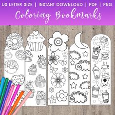 coloring bookmarks for kids with cupcakes, donuts and flowers on them