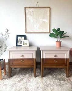 two nightstands with plants and pictures on the wall