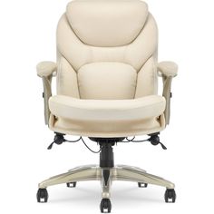 an office chair that is white and has wheels on the back, while it sits in front of a white background