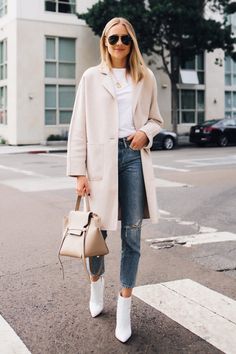 Fashion Jackson Rails Beige Wool Coat White Tshirt Ripped Ankle Jeans White Ankle Booties Outfit Celine Mini Belt Bag Taupe Fashion Jackson, Outfit Jeans, Cat Eyes