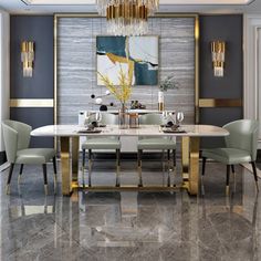 an elegant dining room with marble flooring and gold chandelier hanging from the ceiling