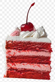 a piece of red velvet cake with white frosting and a cherry on the top