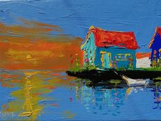 a painting of a house on the water