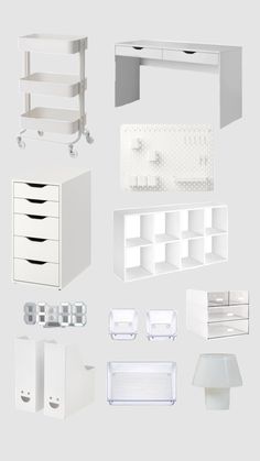 an assortment of white furniture and accessories