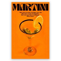 an orange martini with olives and lemon wedges on the rim is featured in this ad for martini