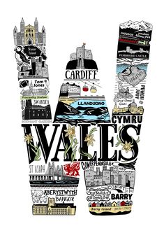 the word wales written in different languages and pictures on it's side, with an image of a boat