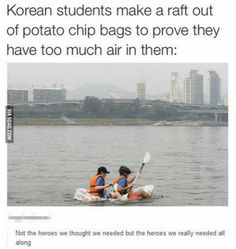 two people in a kayak on the water with buildings in the background and text that reads, korean students make a raft out of potato chips to prove they have too much air