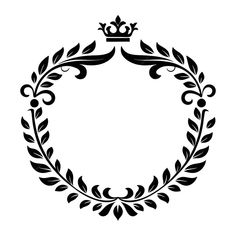 a black and white image of a crown in a laureled wreath on a white background