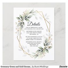 a white and gold wedding card with greenery on the front, in an octagonal frame