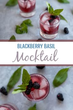 blackberry basil mocko cocktail in glasses with mint leaves and blackberries on the side