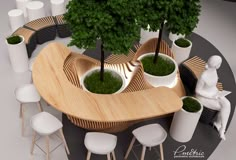 a wooden table surrounded by white stools and potted plants on top of it