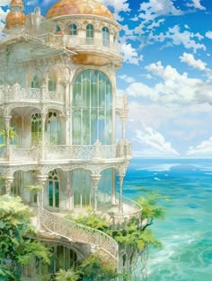 an artistic painting of a house on top of a cliff by the ocean with stairs leading up to it