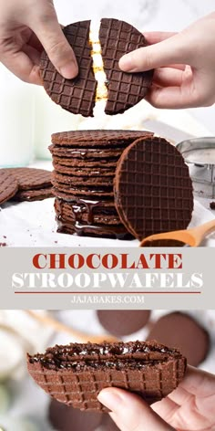 chocolate stroopwaffles are stacked on top of each other and being held by two hands