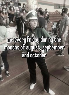 a young boy is standing in front of a crowd with the words me every friday during the months of august, september and october