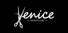 a pair of scissors that are on top of a black background with the words venice hairstyling