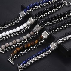 Be known as the trendy one with these fashion forward bracelets. This mixture of glass map stones and stainless steel links display uniqueness, style and flavor. With 11 different versions, you can be sure to have a complete supply of bracelets to accentuate your new business suit, evening wear, or blue jeans. Each come with a toggle-clasp for added security. There is a variety of lengths, widths and weights to choose from. You can show up at your next get together with either the Tiger Eye Ston Map Stone, Casual Bracelets, Yoga Bracelet, Chain Bracelets, Jewelry Model, Mens Beaded Bracelets, Unique Bracelets, Tiger Eye Stone, Eye Stone