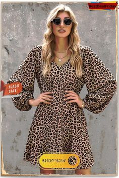 Bestdealfriday Leopard Print V Neck Long Sleeves Mini Dress P1482375 Trendy V-neck Mini Dress For Daywear, Casual V-neck Mini Dress For Fall, Casual Leopard Print Mini Dress, Leopard Print Long Sleeve Midi Dress For Fall, Leopard Print Long Sleeve Midi Dress, Fall Leopard Print Long Sleeve Midi Dress, Fall Long Sleeve Leopard Print Midi Dress, Chic Leopard Print V-neck Mini Dress, Casual Leopard Print Dress For Office