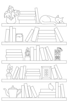 the bookshelf is filled with many different things to read and draw on it