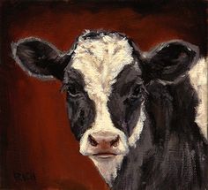 a painting of a black and white cow looking at the camera while standing in front of a red background