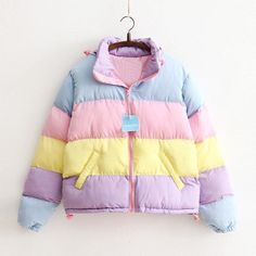 If you need a super accurate size you can just send me your weight and height. Pastel Jacket, Estilo Harajuku, Harajuku Women, Striped Jacket, Pastel Colours, Padded Coat, Imagine Dragons, Warm Jacket, Harajuku Fashion