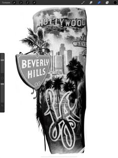 a black and white photo of the beverly hills sign with palm trees in the background